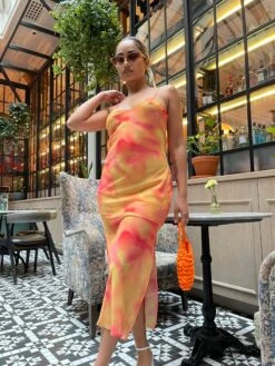 Glamorous Orange-Yellow Tie-Dye Cami Slip Midi-Dress -Cheap Softly Dressed Store CA0573A DO58 04