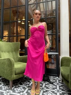 Glamorous Bright-Pink Gathered-Bust Halterneck Midaxi-Dress -Cheap Softly Dressed Store CA0614 M09 04