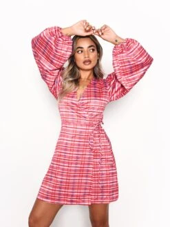 Glamorous Red Pink Check Wrap Front Mini Dress