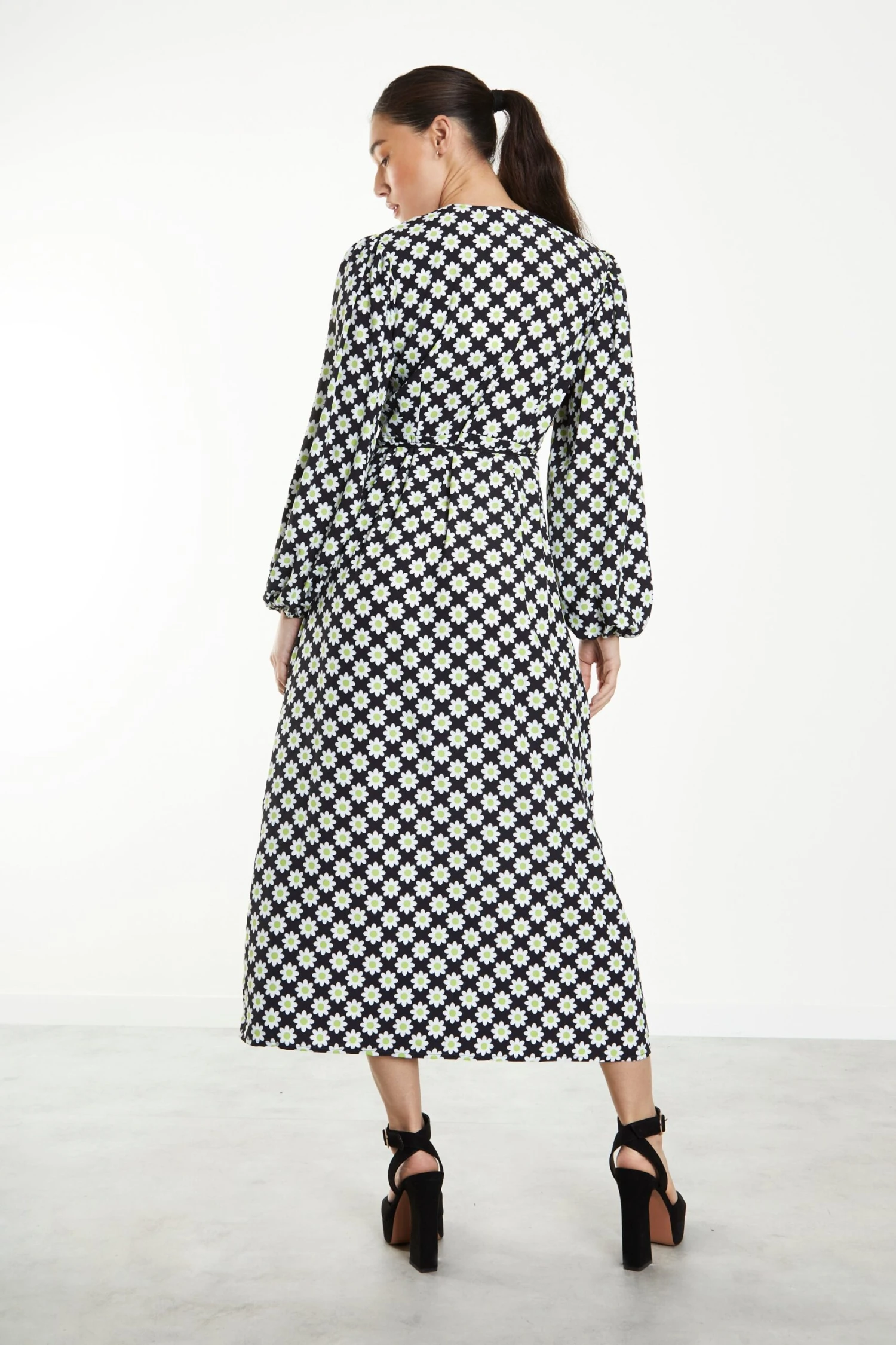 Glamorous Sixties Flower Long Sleeve Wrap Midi Dress 2 Glamorous Sixties Flower Long Sleeve Wrap Midi Dress - Image 2