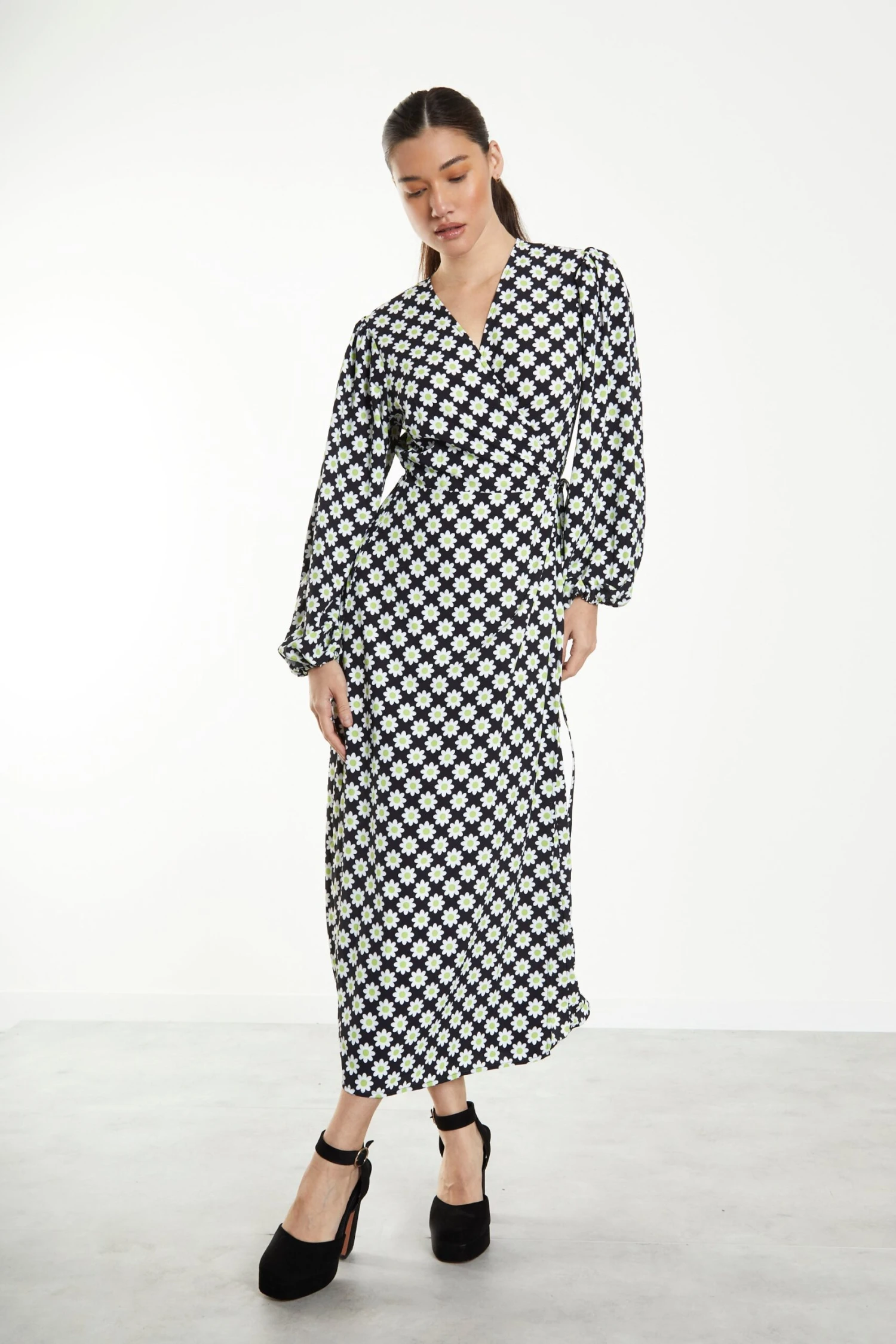 Glamorous Sixties Flower Long Sleeve Wrap Midi Dress 1 Glamorous Sixties Flower Long Sleeve Wrap Midi Dress