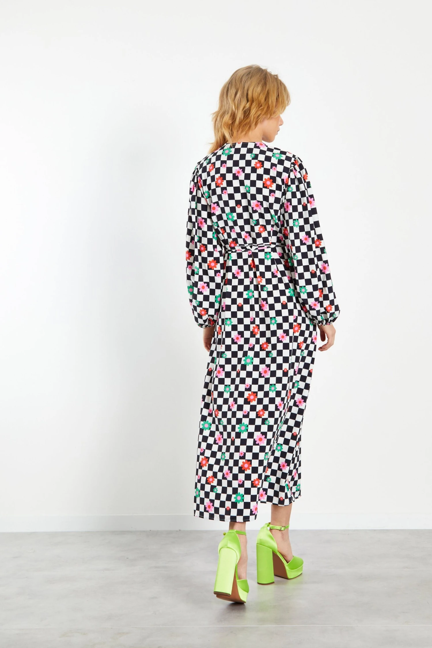 Glamorous Checkboard Flower Long Sleeve Wrap Midi Dress 2 Glamorous Checkboard Flower Long Sleeve Wrap Midi Dress - Image 2