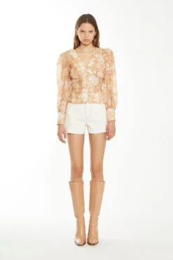 Glamorous Tan White Floral Button-Front Blouse