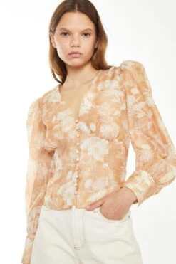 Glamorous Tan White Floral Button-Front Blouse 7 Glamorous Tan White Floral Button-Front Blouse -Cheap Softly Dressed Store CK5616B DF23 04