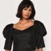 Glamorous Black Metallic Brocade Puff Sleeve Top