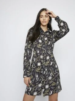 Glamorous Black Sun And Moon Print Long Sleeve Shirt Dress
