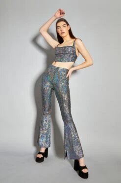Glamorous Silver Holographic High Waisted Flared Trousers -Cheap Softly Dressed Store CK6105A DC73 03