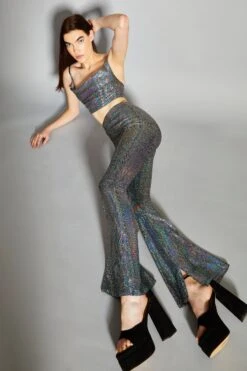 Glamorous Silver Holographic High Waisted Flared Trousers -Cheap Softly Dressed Store CK6105A DC73 04