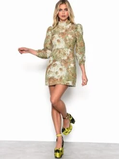 Glamorous Green Multi Brocade High Neck Puff Shoulder Mini Dress -Cheap Softly Dressed Store CK6196 CQ63 3