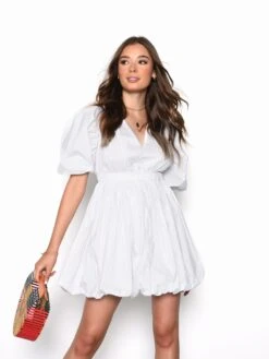 Glamorous White Puff Sleeve Button Up Dress -Cheap Softly Dressed Store CK6328 1