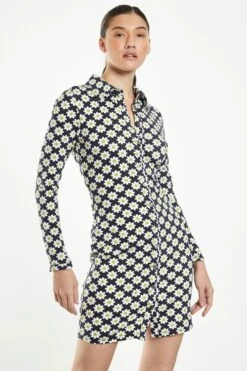 Glamorous Sixties Flower Jersey Long Sleeve Bodycon Dress With Collar -Cheap Softly Dressed Store CK6544A CZ52 03