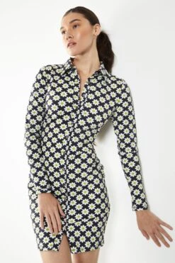 Glamorous Sixties Flower Jersey Long Sleeve Bodycon Dress With Collar -Cheap Softly Dressed Store CK6544A CZ52 04