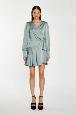 Glamorous Dusty-Green Satin Wrap Mini-Dress