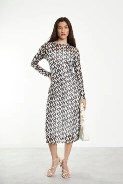 Glamorous Wavy Mono Mesh Midi Dress With Long Sleeves & Cami Slip -Cheap Softly Dressed Store CK6733 CZ51 03