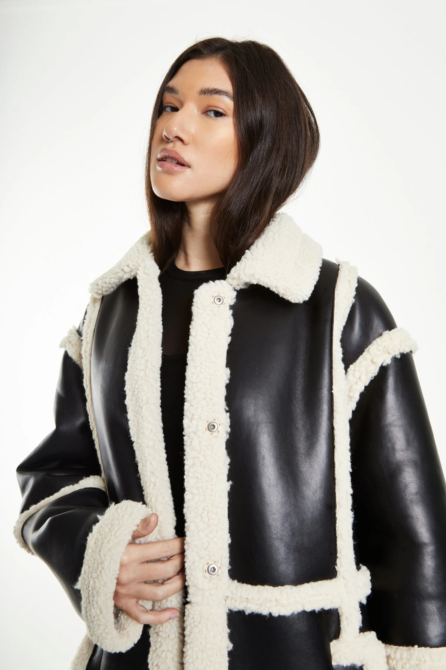 Glamorous Black Cream Long Shearling Seamed Coat With Collar 3 Glamorous Black Cream Long Shearling Seamed Coat With Collar - Image 3