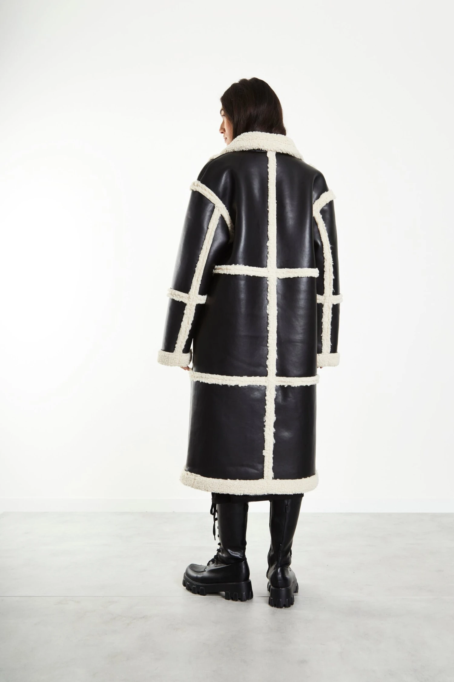 Glamorous Black Cream Long Shearling Seamed Coat With Collar 2 Glamorous Black Cream Long Shearling Seamed Coat With Collar - Image 2