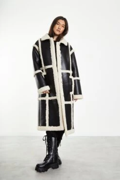 Glamorous Black Cream Long Shearling Seamed Coat With Collar