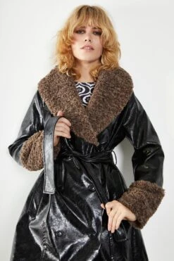Glamorous Black Belted Coat With Faux Fur -Cheap Softly Dressed Store CK6747 CZ84 01
