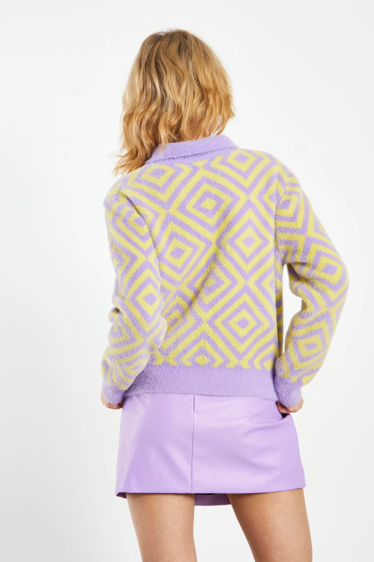 Glamorous Lilac Yellow Diamond Geo Intarsia Knit Collard Cardigan 2 Glamorous Lilac Yellow Diamond Geo Intarsia Knit Collard Cardigan - Image 2