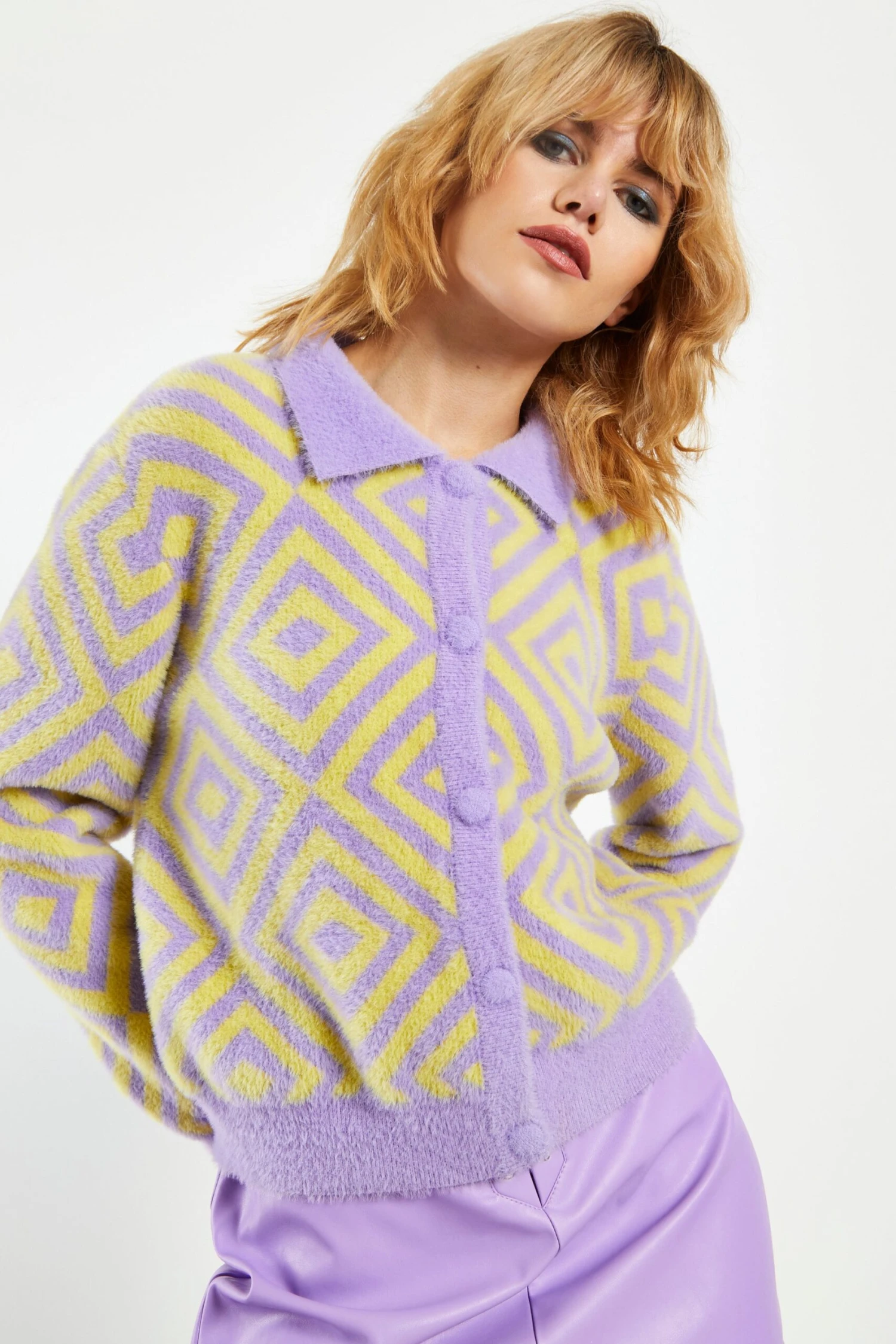 Glamorous Lilac Yellow Diamond Geo Intarsia Knit Collard Cardigan 4 Glamorous Lilac Yellow Diamond Geo Intarsia Knit Collard Cardigan - Image 4