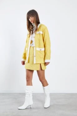 Glamorous Yellow Tweed White Oversized Blazer With Contrast Trim -Cheap Softly Dressed Store CK6792 CY71 03