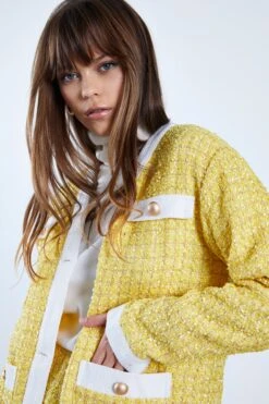 Glamorous Yellow Tweed White Oversized Blazer With Contrast Trim -Cheap Softly Dressed Store CK6792 CY71 04