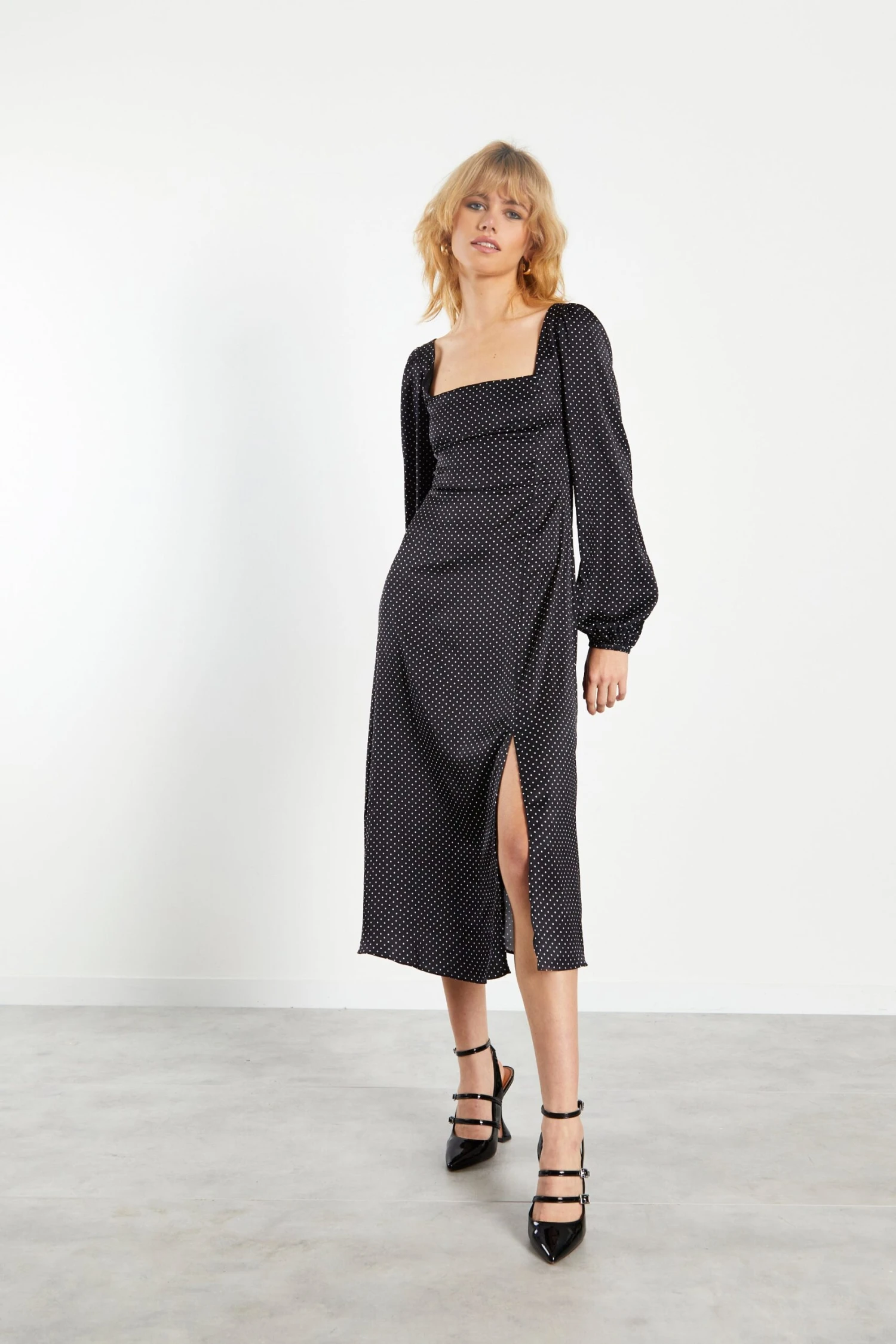 Glamorous Black White Spot Side Split Midi Dress 1 Glamorous Black White Spot Side Split Midi Dress