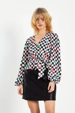 Glamorous Checkerboard Flower Wrap Blouse With Tie Detail