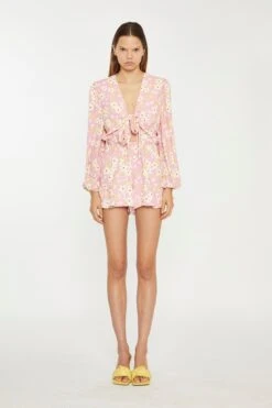 Glamorous Pink-Olive-Yellow-Flower Tie-Front Plunge Playsuit