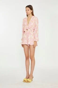 Glamorous Pink-Olive-Yellow-Flower Tie-Front Plunge Playsuit -Cheap Softly Dressed Store CK6833A DI09 03