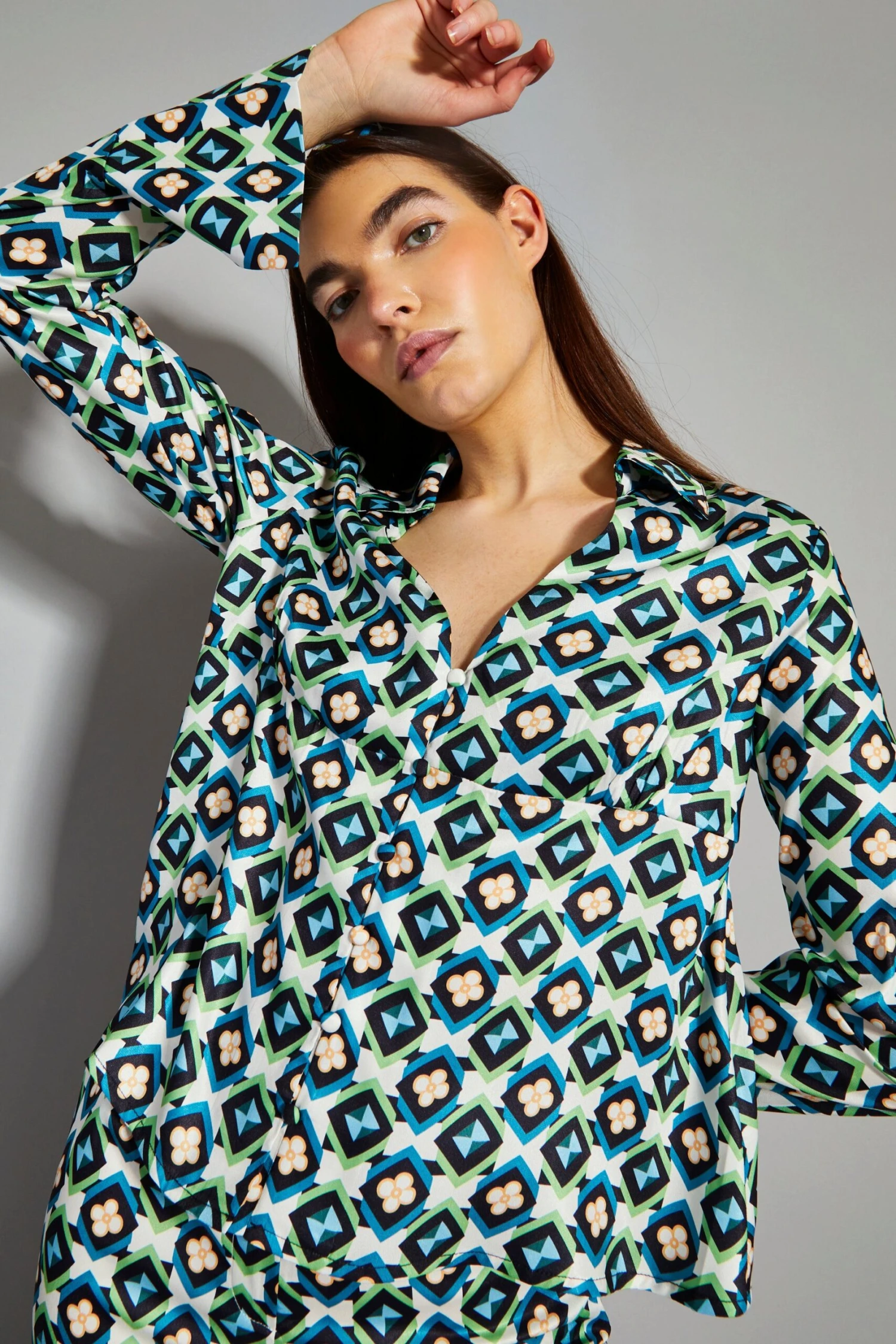 Glamorous Cream Multi Geo Flower Print V-Neck Button Front Shirt 1 Glamorous Cream Multi Geo Flower Print V-Neck Button Front Shirt