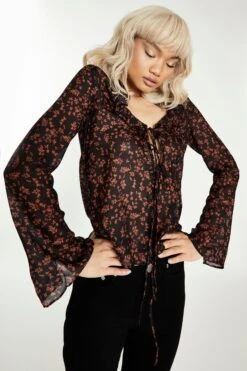 Glamorous Black Orange Floral Tie Front Blouse -Cheap Softly Dressed Store CK6870 BI07 04