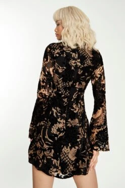 Glamorous Black Devore Lace Up Front Mini-Dress -Cheap Softly Dressed Store CK6878 DD86 02