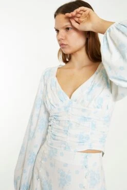 Glamorous Blue Wallpaper Floral Ruched Top -Cheap Softly Dressed Store CK6920 DE84 04