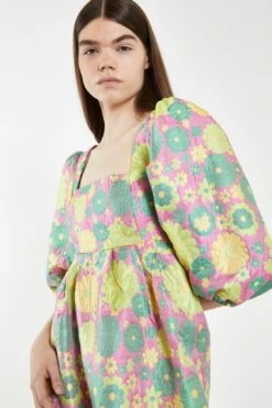 Glamorous Pink-60s-Flower-Jacquard Babydoll Mini Dress -Cheap Softly Dressed Store CK6940 DF05 04