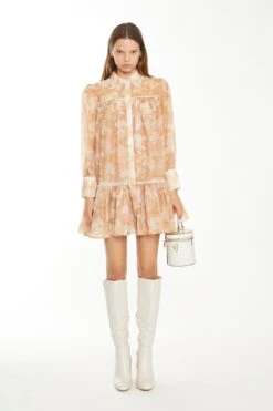 Glamorous Tan White Floral Mini Shirt-Dress