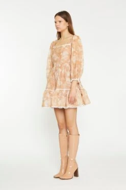 Glamorous Tan White Floral Tiered Mini-Dress -Cheap Softly Dressed Store CK6964 DF23 03