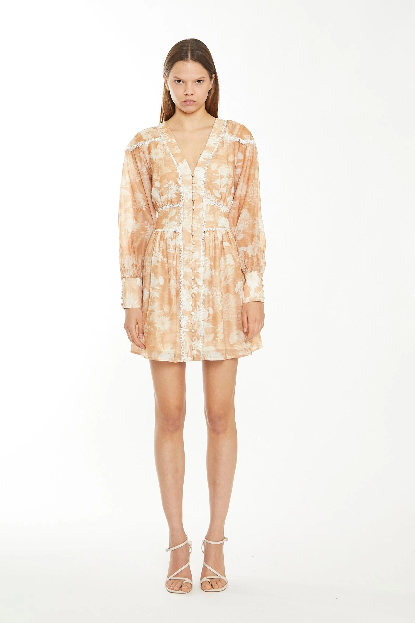 Glamorous Tan White Floral Button-Through Mini-Dress 1 Glamorous Tan White Floral Button-Through Mini-Dress