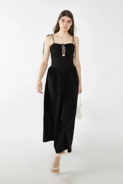 Glamorous Black Lace-Up Bodice Maxi Dress -Cheap Softly Dressed Store CK6997 BK 04