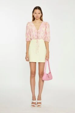 Glamorous Pink-Olive-Yellow-Flower Tie-Front Crop Top -Cheap Softly Dressed Store CK7039 DI09 03