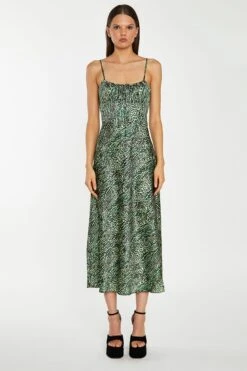 Glamorous Green-Black Animal Strappy Milkmaid Midi-Dress