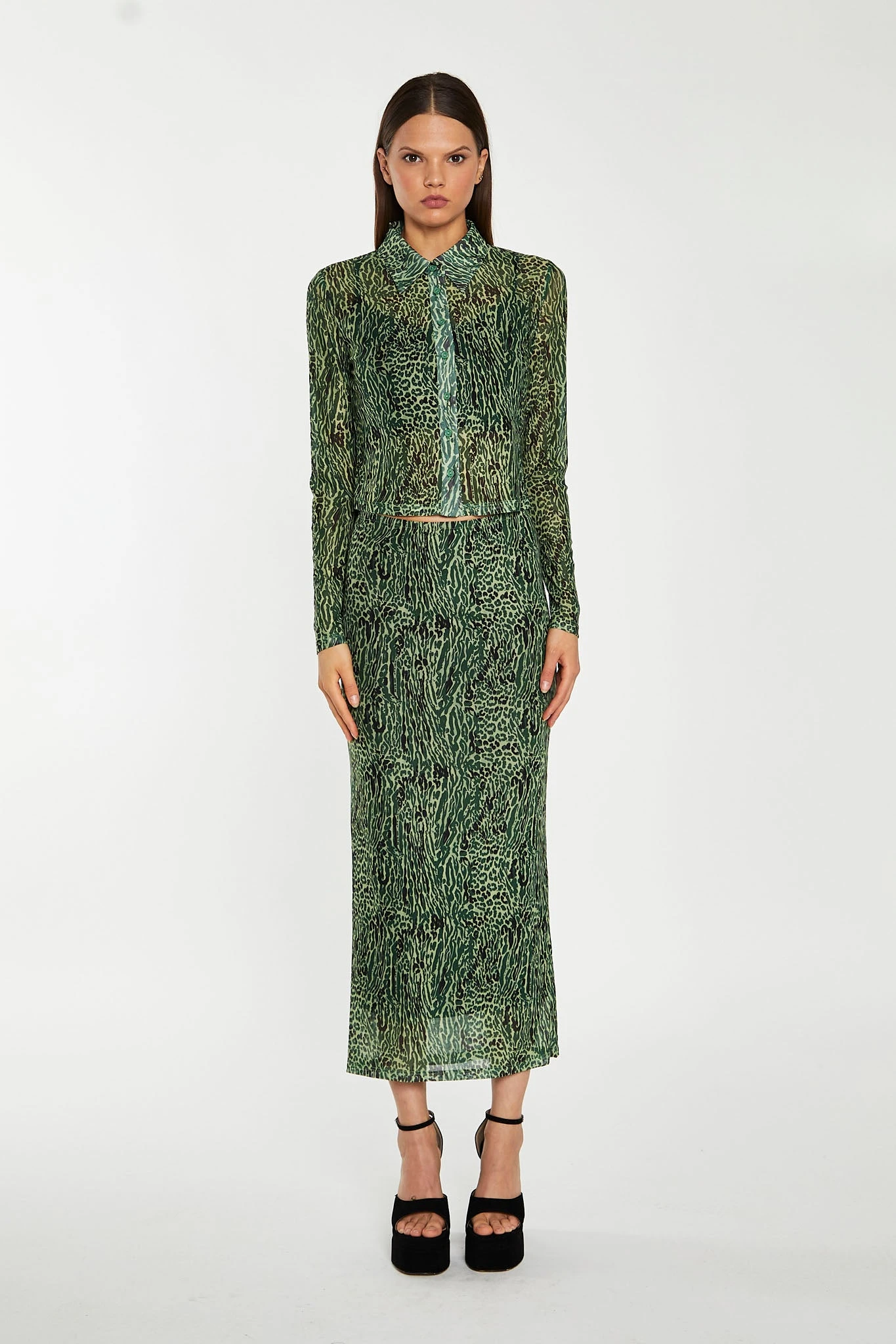 Glamorous Green-Black Animal Mesh Pencil Midi-Skirt 1 Glamorous Green-Black Animal Mesh Pencil Midi-Skirt