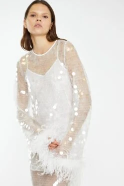 Glamorous Clear-White Large-Sequin Feather Cuff Mini-Dress -Cheap Softly Dressed Store CK7161 DJ94 04