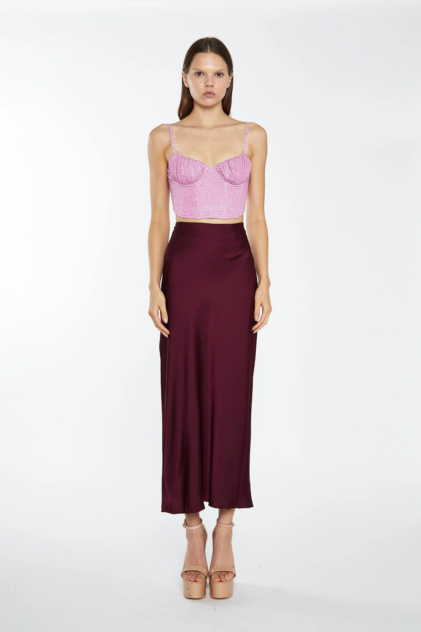 Glamorous Pink Silver-Glitter Chain-Strap Corset Crop-Top 1 Glamorous Pink Silver-Glitter Chain-Strap Corset Crop-Top