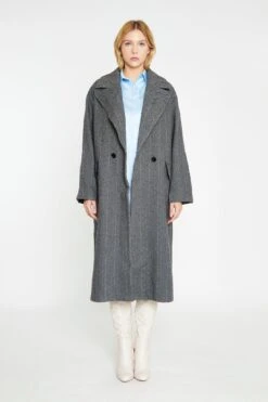 Glamorous Charcoal-Chevron Oversized Double-Breasted Maxi-Coat