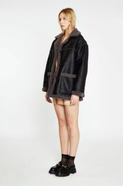 Glamorous Black Dark-Grey Oversized Shearling Coat -Cheap Softly Dressed Store CK7192 DK96 01