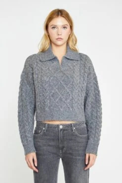 Glamorous Dark-Grey Marl Collared Cable Knit Jumper