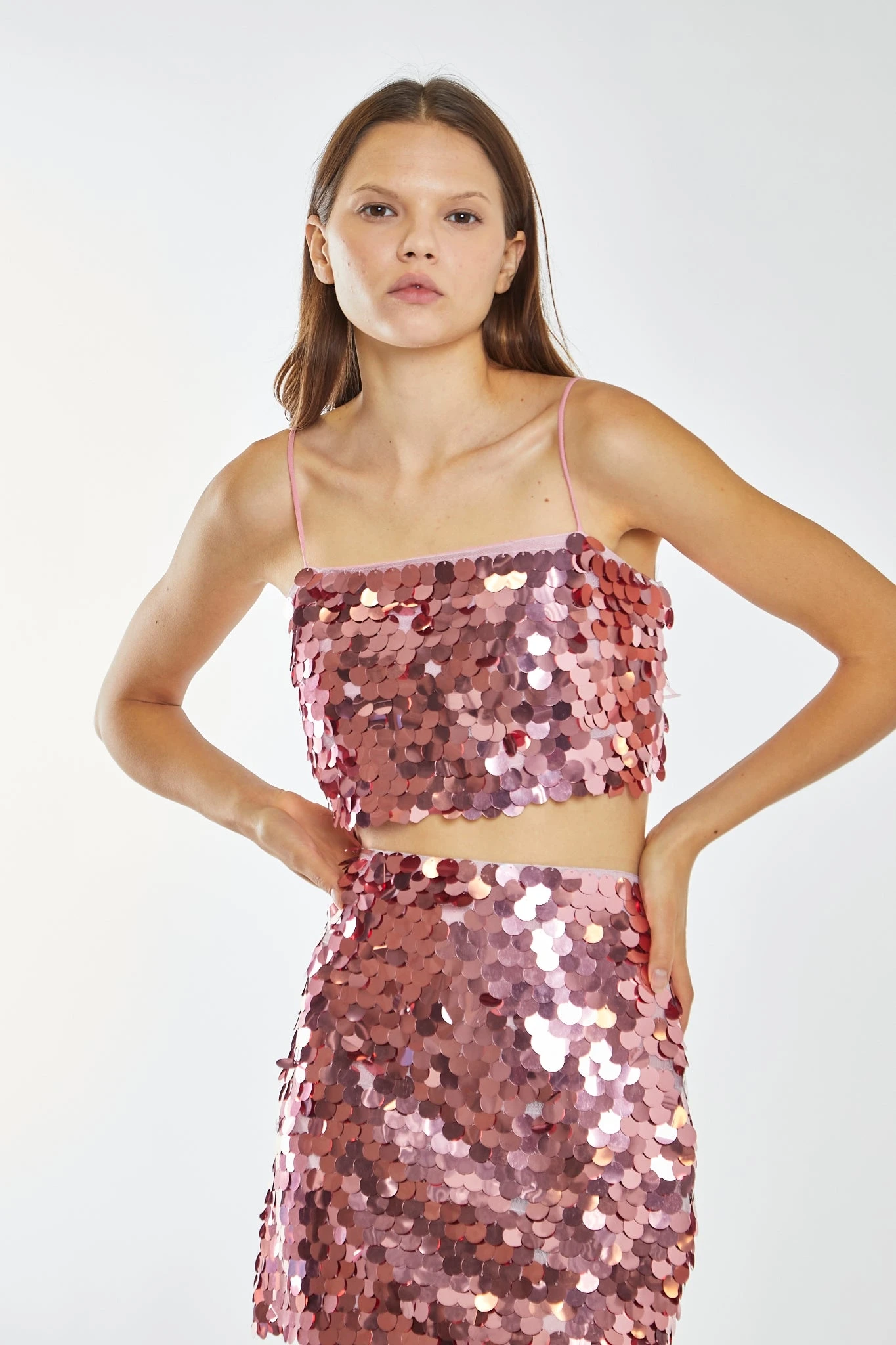 Glamorous Rose Large-Sequin Strappy Crop-Top 1 Glamorous Rose Large-Sequin Strappy Crop-Top