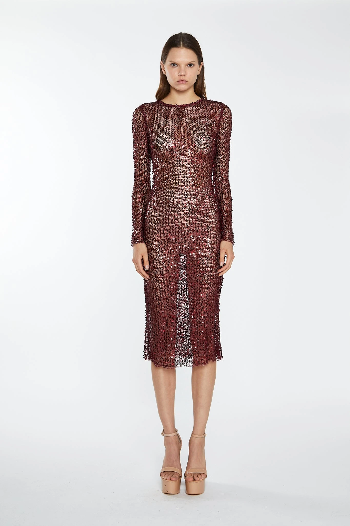 Glamorous Cabernet Mesh-Sequin Long-Sleeve Midi-Dress 1 Glamorous Cabernet Mesh-Sequin Long-Sleeve Midi-Dress