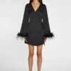 Glamorous Black-Satin Feather Trim Wrap Mini-Dress